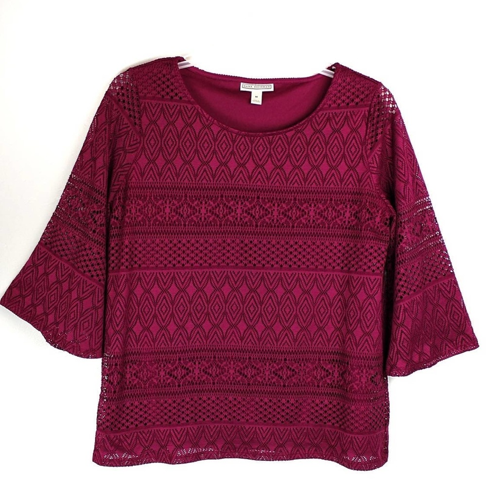 Women's Maroon Red 3/4 Sleeve Eyelet Top Blouse, Lined, Dana Buchman,Size Medium